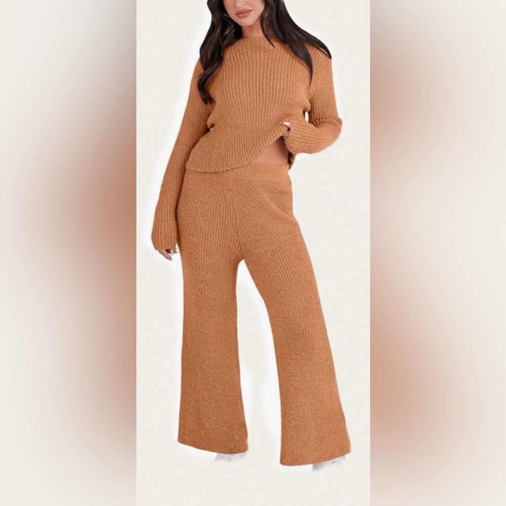 Two piece chunky knit fuzzy sweater pants co-ord set